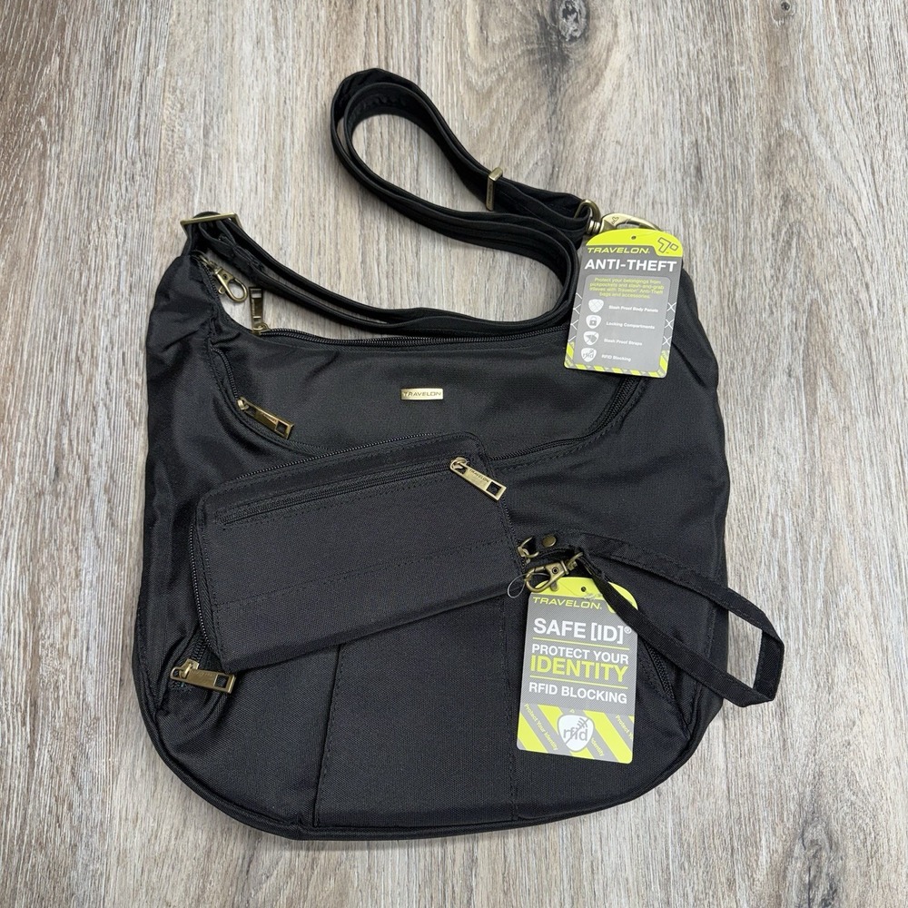 Travelon Anti-Theft Shoulder Bag Black RFID Blocking Multiple Pockets w/Wristlet